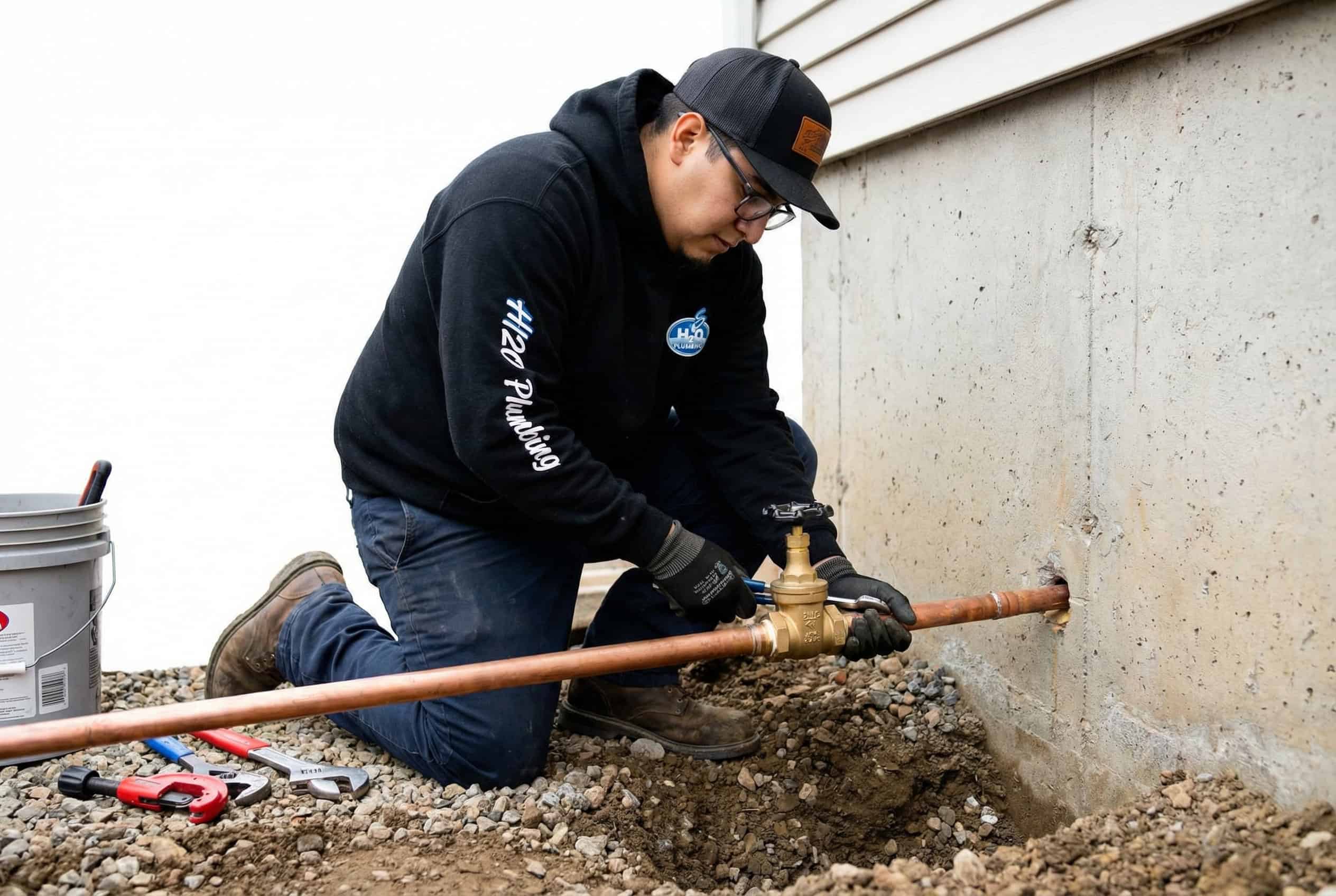 Main water line excavation showing a damaged section being prepared for repair