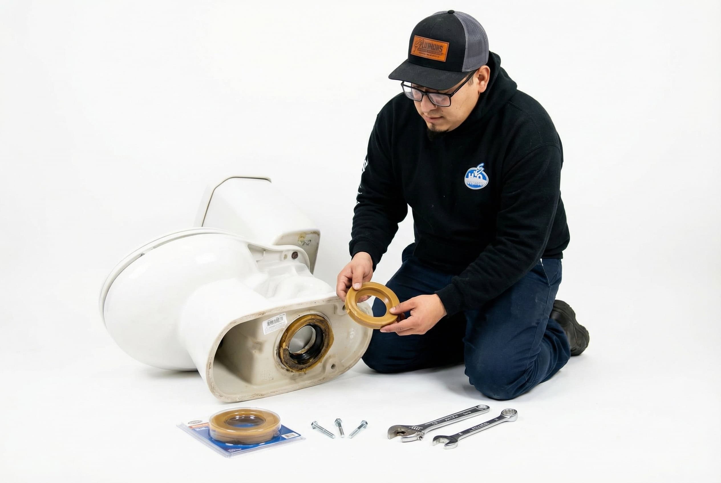 Plumber clearing a clogged bathroom drain with a cable machine
