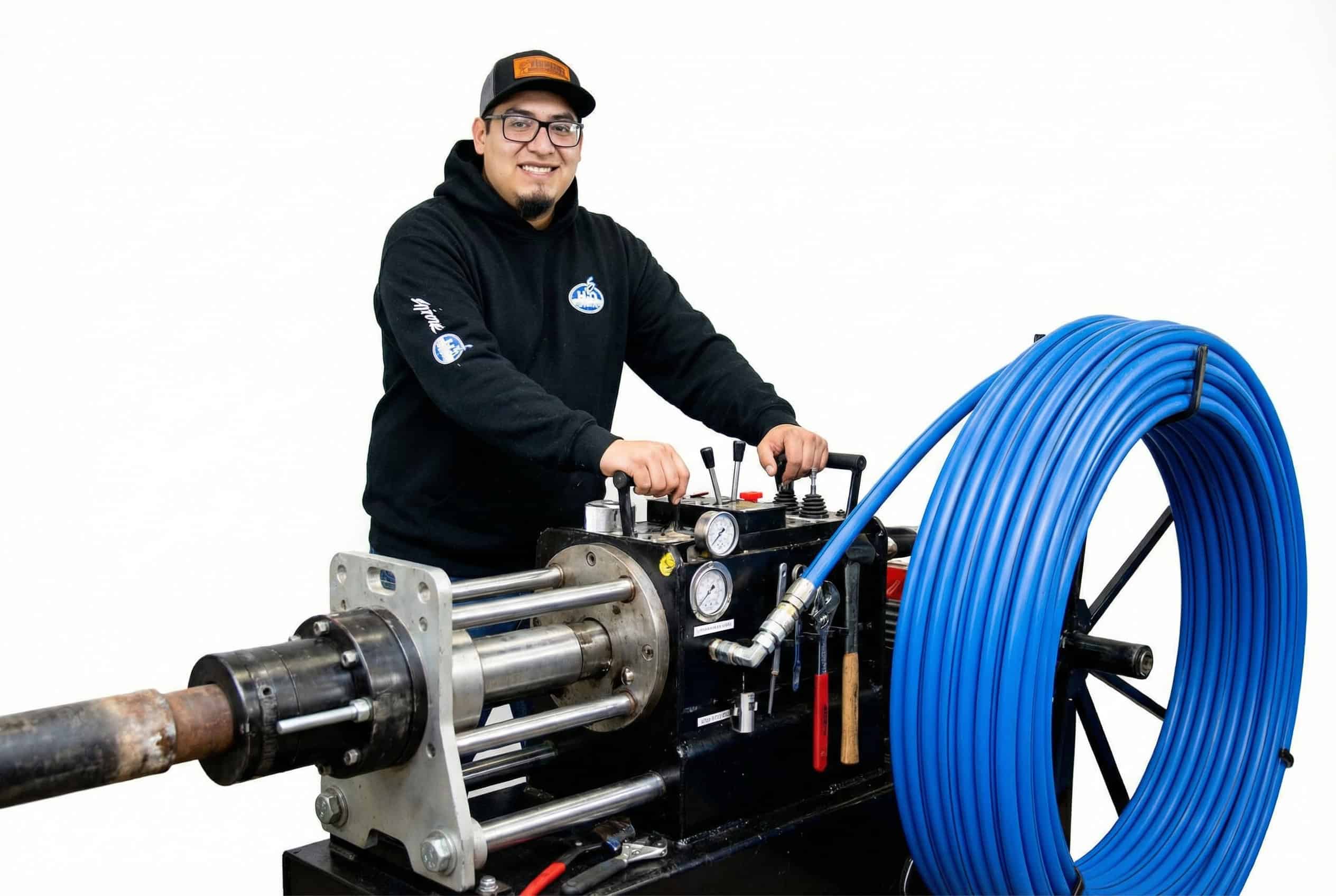 Trenchless boring equipment installing a new main water line without trenching